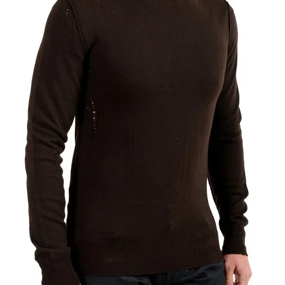 Dolce Gabbana Men's Brown 100% Wool Distressed Look Crewneck